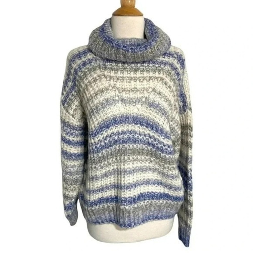 Turtleneck Sweater Blue Gray Cream Striped Knit Pullover Oversized
